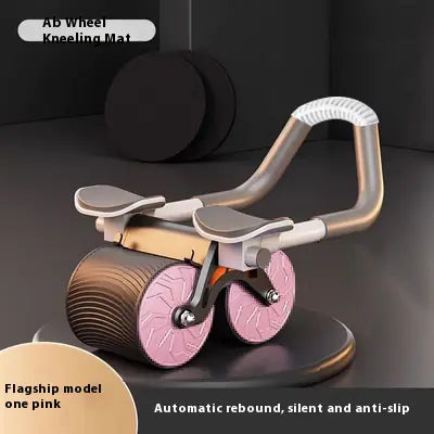 Automatic Rebound Abdominal Wheel kneeling mat with pink wheels on a dark background