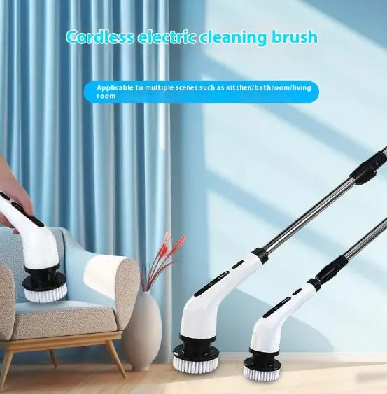 Cordless electric cleaning brush being used on a chair and floor with text indicating its versatility.