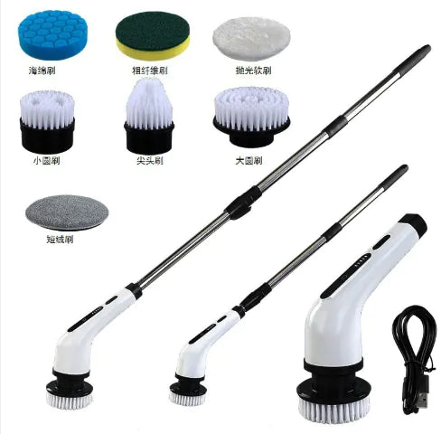 Cleaning tool with various attachments and USB cable on a white background