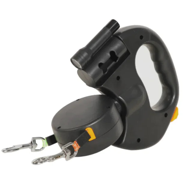 Black retractable Auto Double Dog Leash  with handle and flashlight on a white background
