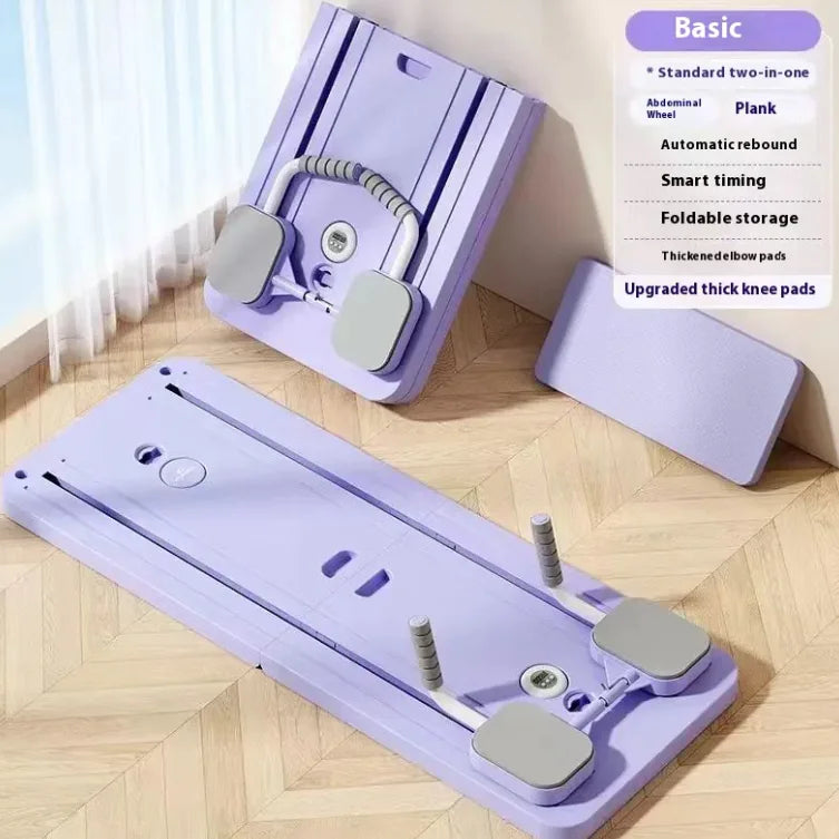 Purple and gray exercise board on a wooden floor with text detailing features.