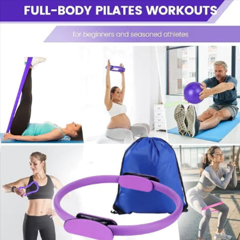 Collage of people using Pilates rings with text about full-body workouts for beginners and athletes.