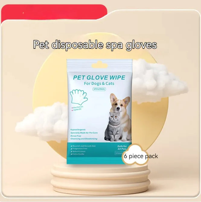 Pet disposable spa gloves packaging with a dog and cat illustration on a beige background