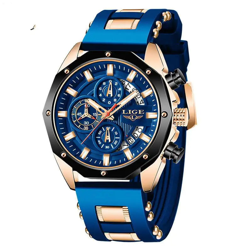 Blue and rose gold watch with LICE branding on a white background