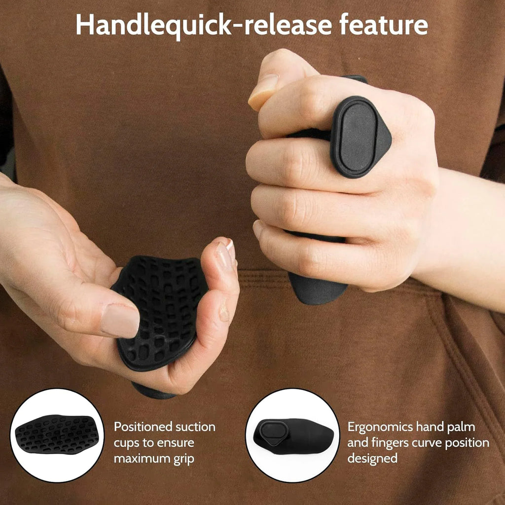 Person holding a black Grip Strengthener Spring Grip Finger Exerciser with text highlighting handle quick-release feature and ergonomic design.