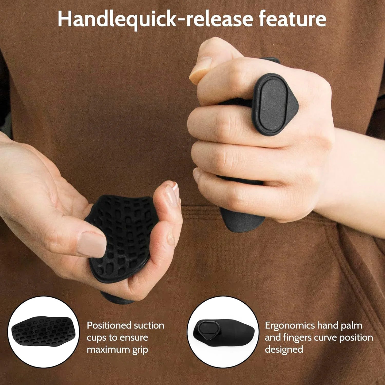 Person holding a black Grip Strengthener Spring Grip Finger Exerciser with text highlighting handle quick-release feature and ergonomic design.