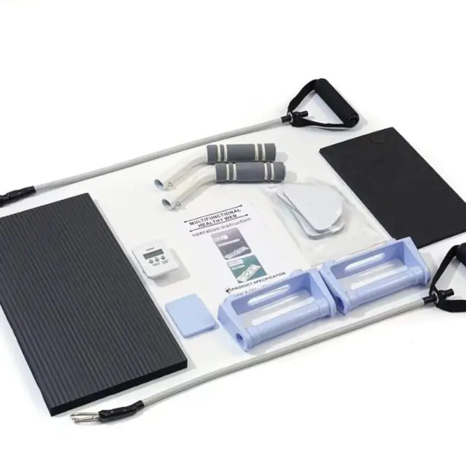 Collection of fitness equipment including resistance bands, a solar panel, and exercise mats on a white background.