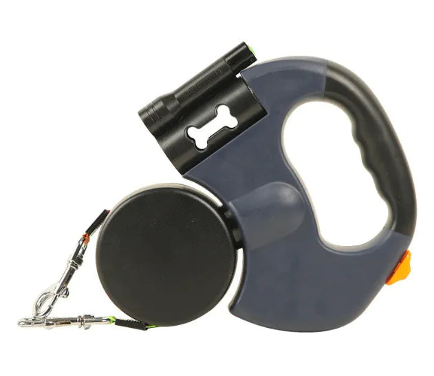 Blue and black Auto Double Dog Leash retractable with flashlight and clip on a white background