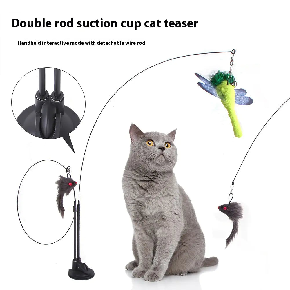 Cat teaser toy with double rod and suction cup, featuring a detachable wire rod and colorful dragonfly attachment.