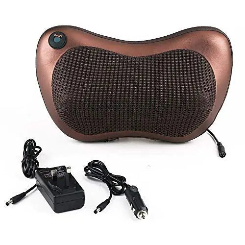 Remote use Brown massage pillow with power adapter and cables on a white background