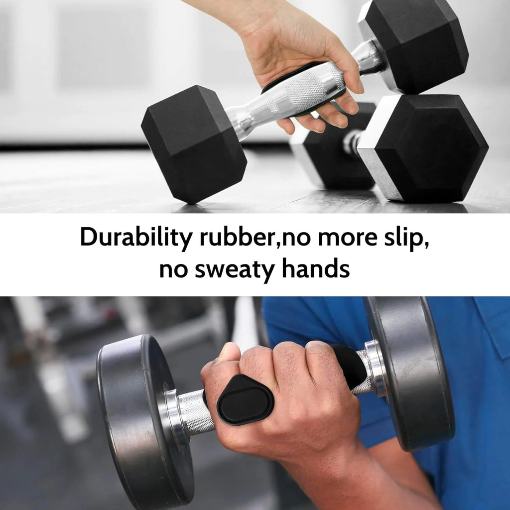 Person holding a pair of dumbbells with Grip Strengthener Spring Grip Finger Exerciser and text highlighting durability and slip resistance.