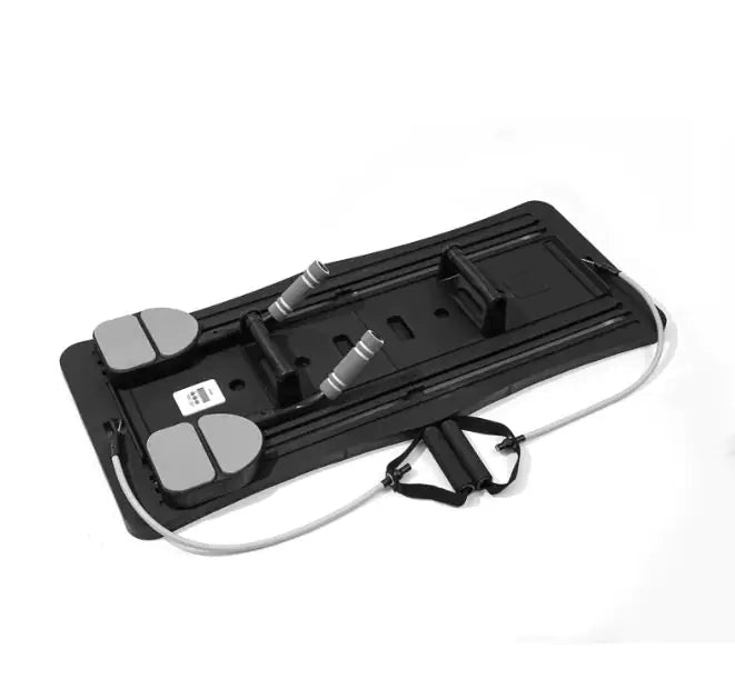 Black Compact Pilates Sliding Board with components on a white background