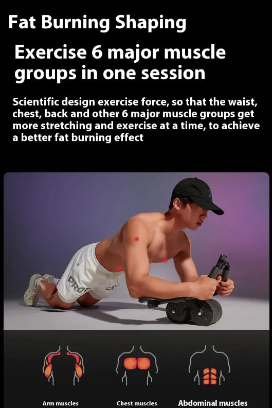 Man using a Automatic Rebound Abdominal Wheel on his body with text about fat burning and muscle groups.