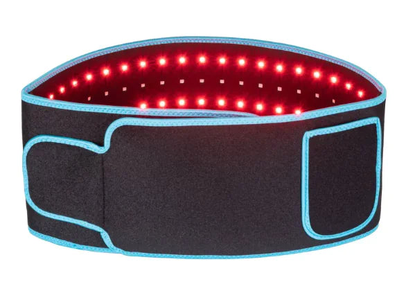 Black LED Infrared Belt Therapy Wrap with blue trim waist belt with red LED lights on a white background
