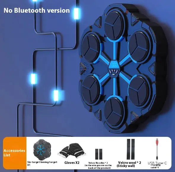 Black and blue LED light-up Basic Boxing Target Machine with accessories list on a blue background