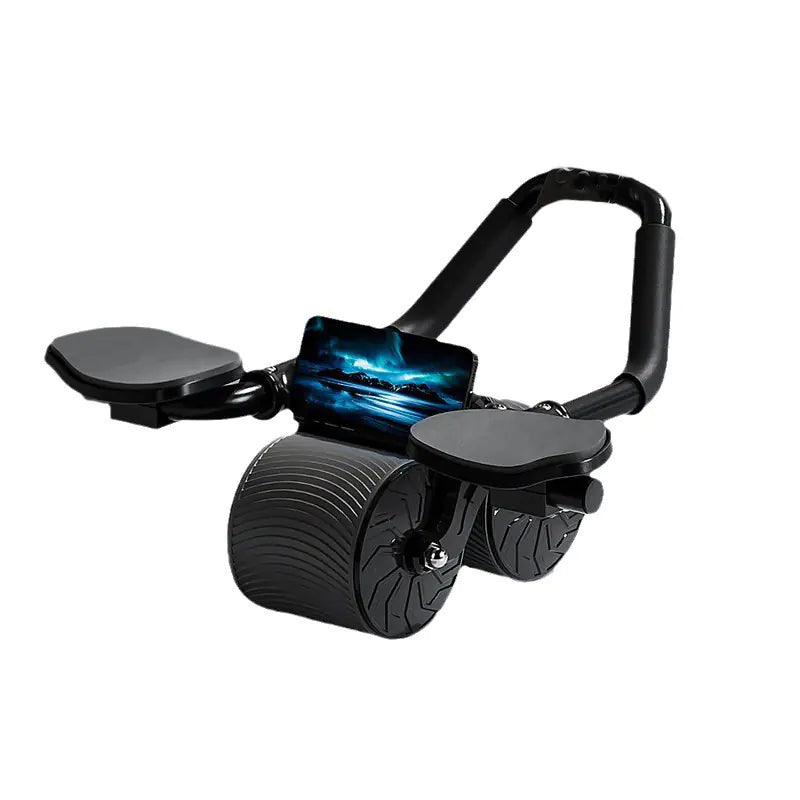 Black Automatic Rebound Abdominal Wheel with phone holder on a white background