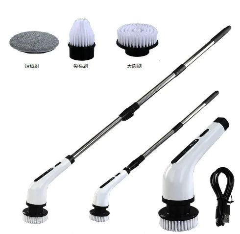 Cleaning tool set with various brush heads and a power cleaner on a white background