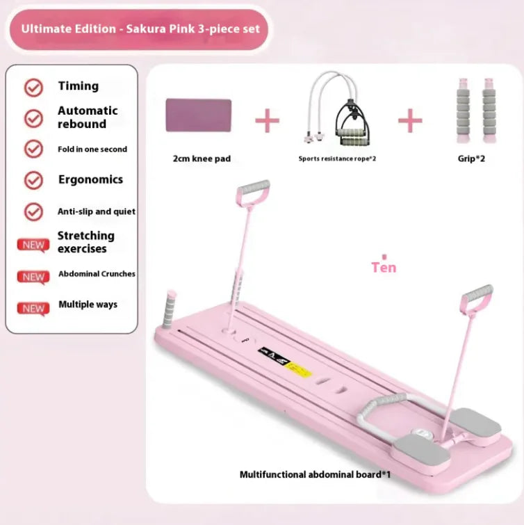 Pink multifunctional abdominal board with features listed on a pink background