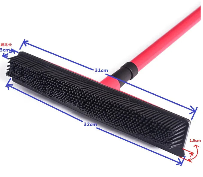 Black and red Pet Hair Removal Broom Mop with measurements on a white background