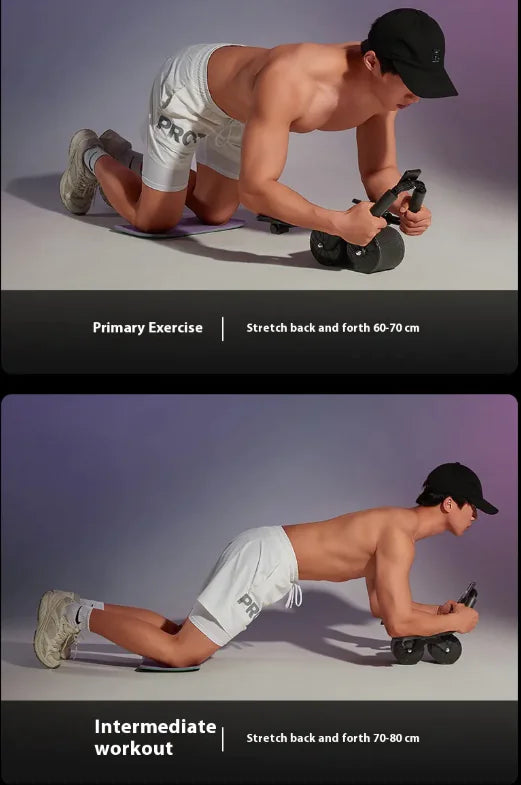 Two images showing a man performing an exercise with Automatic Rebound Abdominal Wheel on a gray background.
