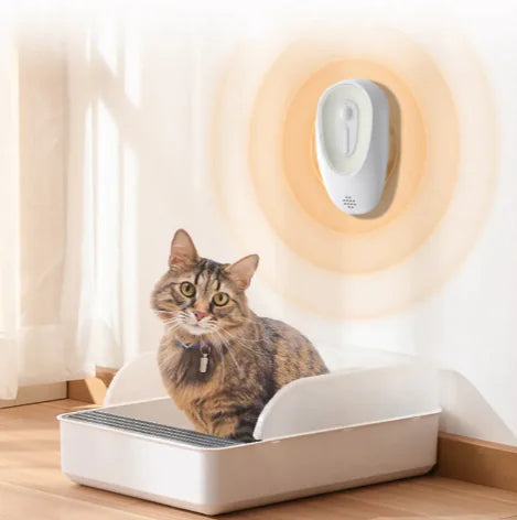 Cat sitting on a litter box with a Pet Odor Eliminator for Litter Boxes Deodorizer in the background