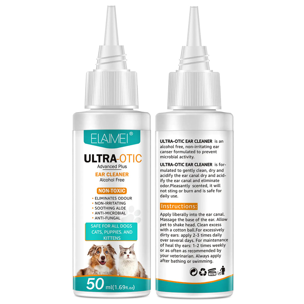 Two bottles of Elamei Ultra-Otic ear cleaner showing front and back of the labels on a white background