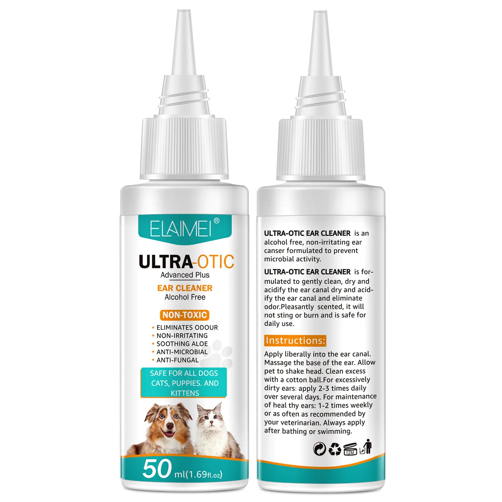 Two bottles of Elamei Ultra-Otic ear cleaner showing front and back of the labels on a white background