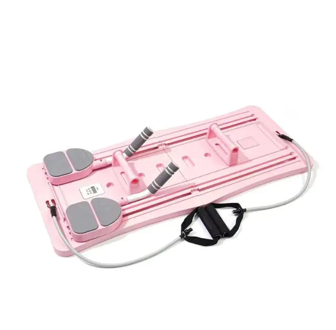 Pink Compact Pilates Sliding Board with gray platforms and black straps on a white background