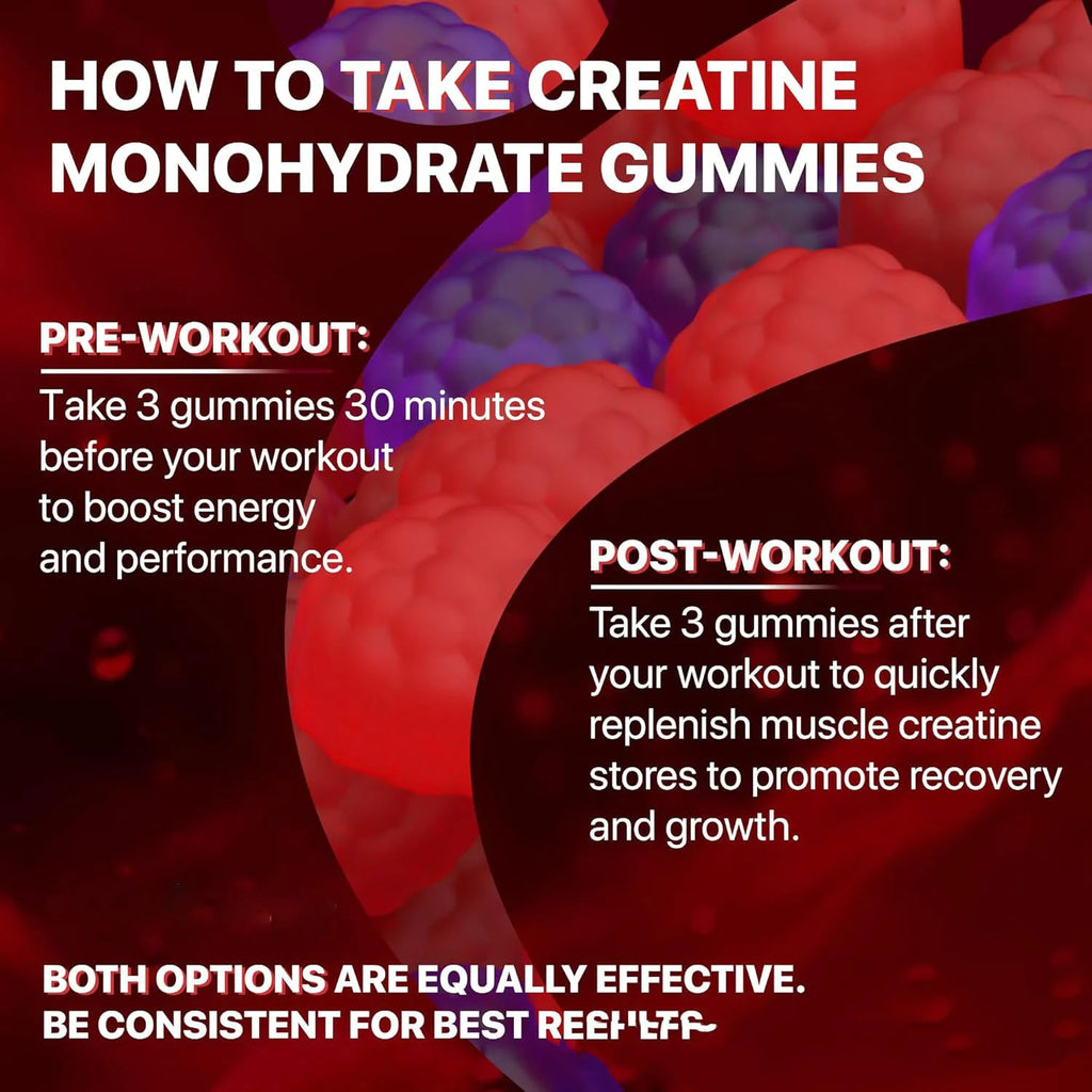 Instructions on how to take creatine monohydrate gummies with a close-up of red and purple gummies.