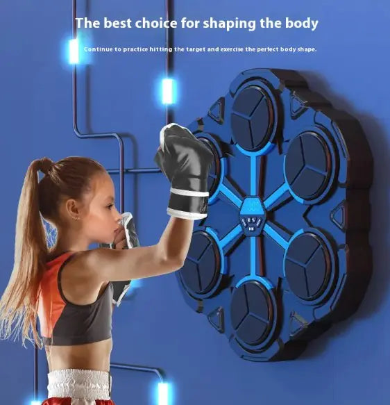 Person using a Boxing Target Machine with text on a blue background