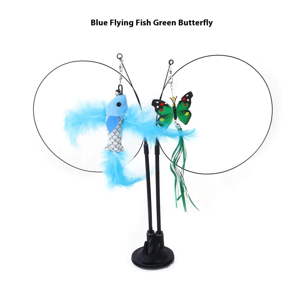 Blue flying fish and green butterfly on a stand with text 'Blue Flying Fish Green Butterfly'.