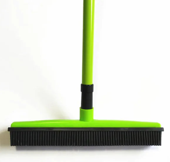 Green Pet Hair Removal Broom Mop with black bristles on a white background