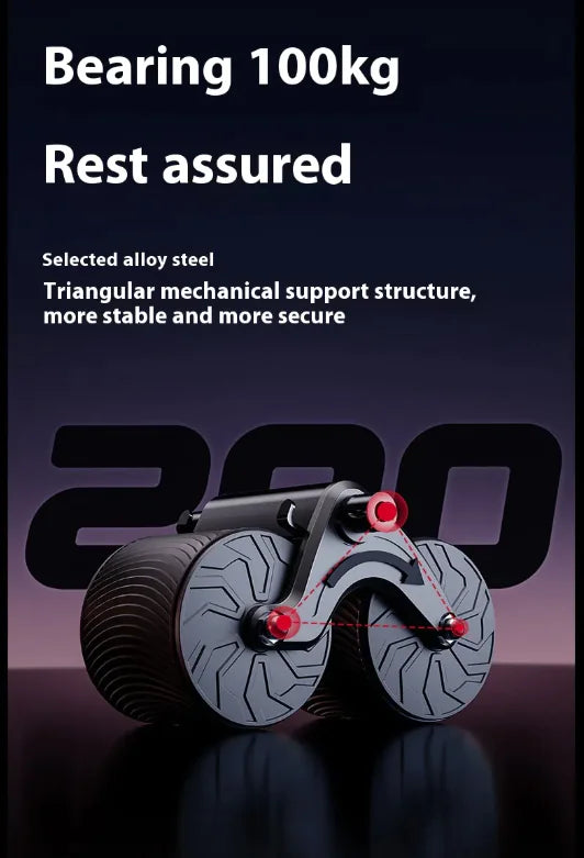 Automatic Rebound Abdominal Wheel with text about weight-bearing capacity and material on a dark background