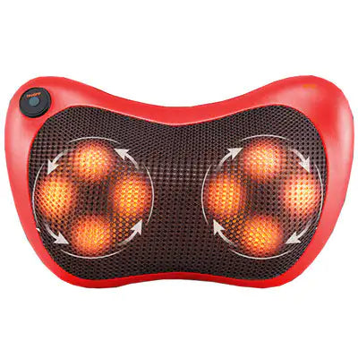 Red and black massage pillow with glowing orange lights on a white background