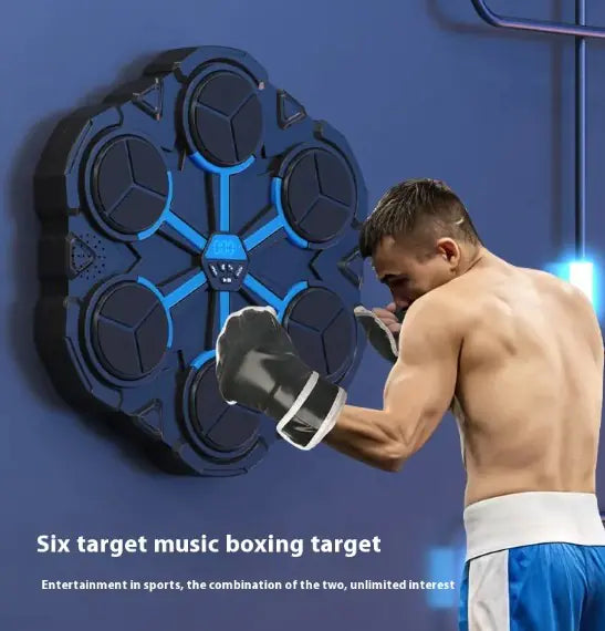 Person punching a six-target music Boxing Target Machine against a blue background