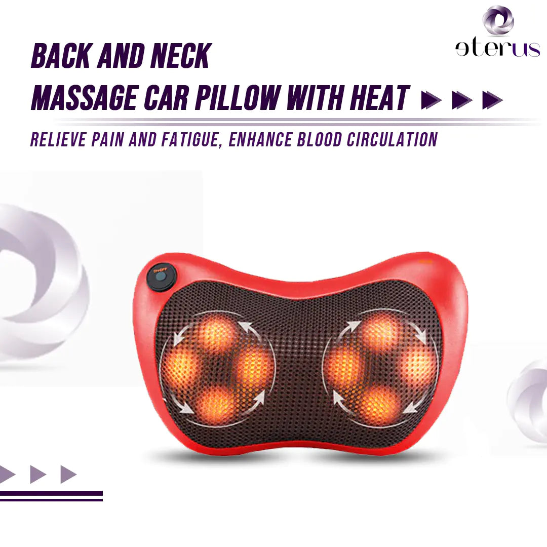 Red massage car pillow with heat on a white background, featuring the brand 'eterus'.