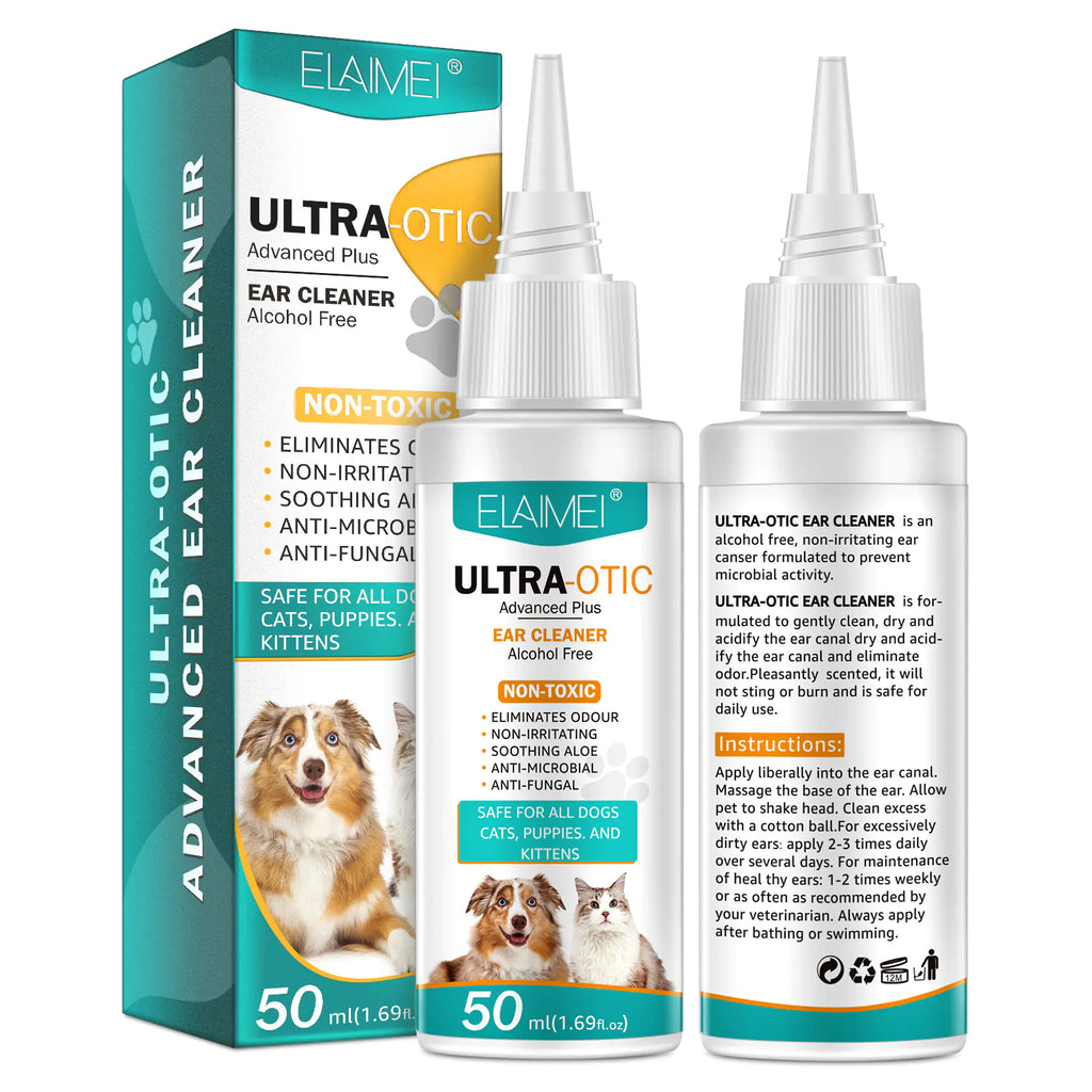 Elaimi Ultra-Otic ear cleaner packaging with two bottles showing front and back labeling on a white background