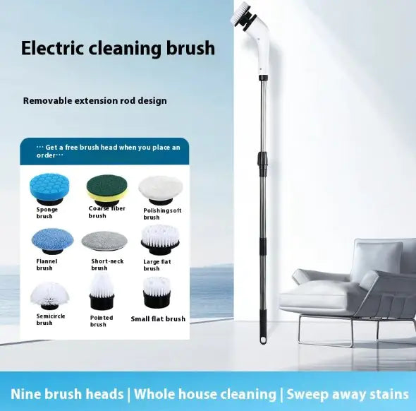 Electric cleaning brush with removable extension rod and various brush heads displayed.