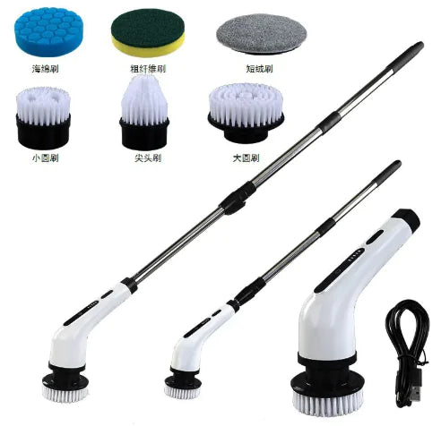 Cleaning tool with various brush heads and attachments on a white background