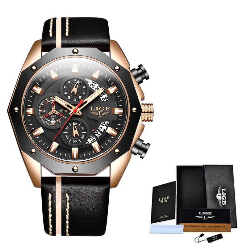 Luxury watch with black leather strap and rose gold accents, displayed with LIGE packaging.