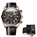 Luxury watch with black leather strap and rose gold accents, displayed with LIGE packaging.
