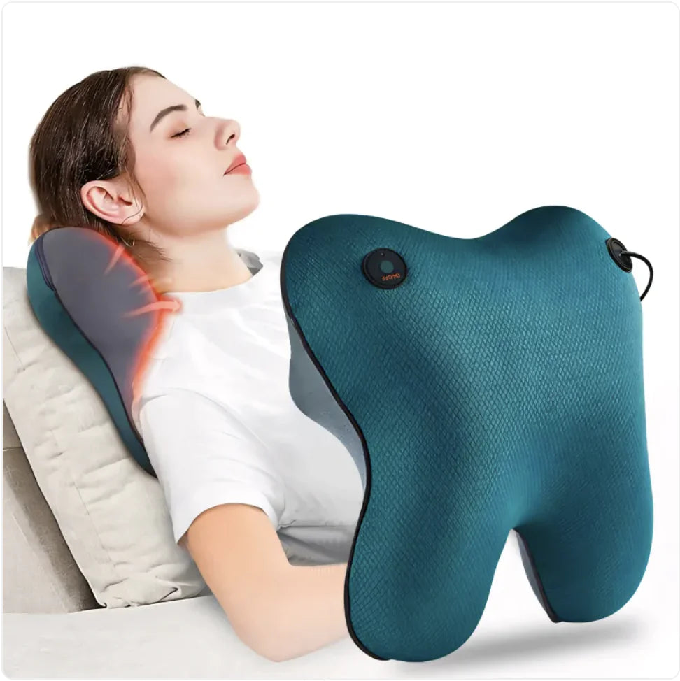 Woman using a teal neck and shoulder massager with heat on a white background