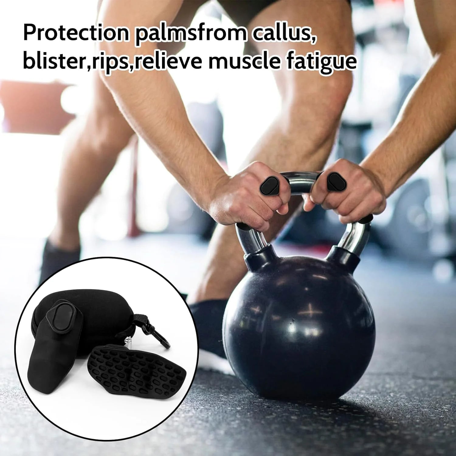 Person lifting a kettlebell with Grip Strengthener Spring Grip Finger Exerciser protection pads on hands, inset showing pads.
