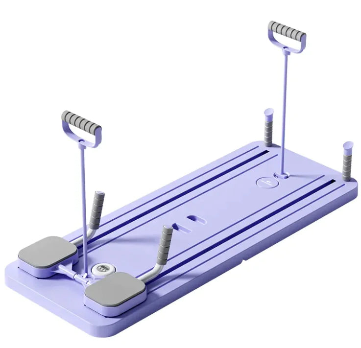 Purple exercise board with handles and foot pedals on a white background