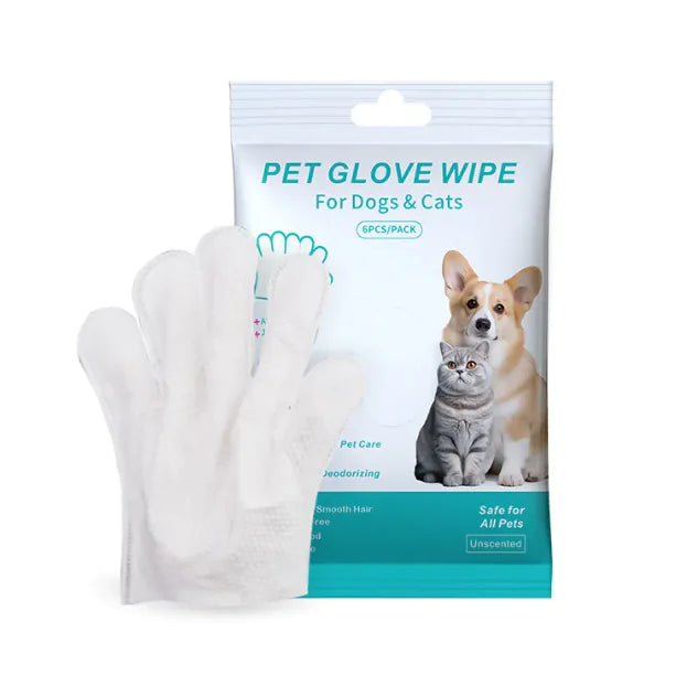 Pet glove wipes with packaging featuring images of a dog and a cat on a white background