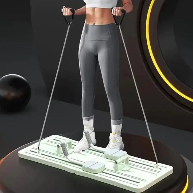Person using Green Compact Pilates Sliding Board with a dark background