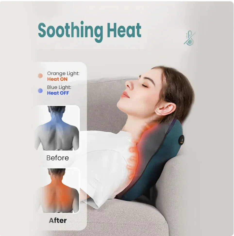 Person using a neck massager with a display showing heat application before and after.