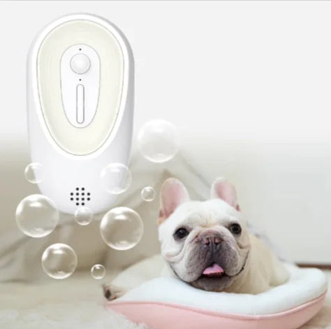 Dog in a bubble bath with a enlarged Pet Odor and Deodorizer