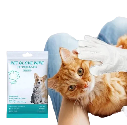 Pet glove wipe packaging with a cat and gloved hand on a checkered background