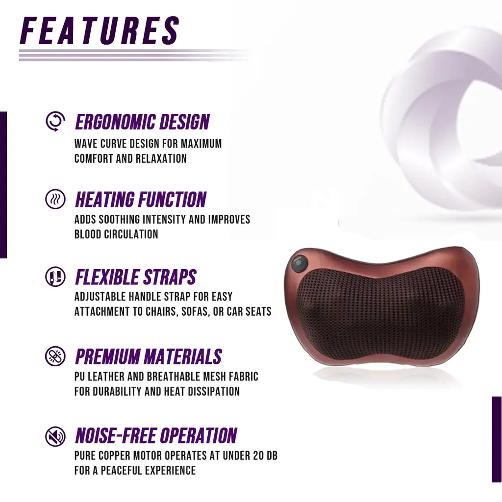 Remote and on the go Massage pillow with features listed on a white background